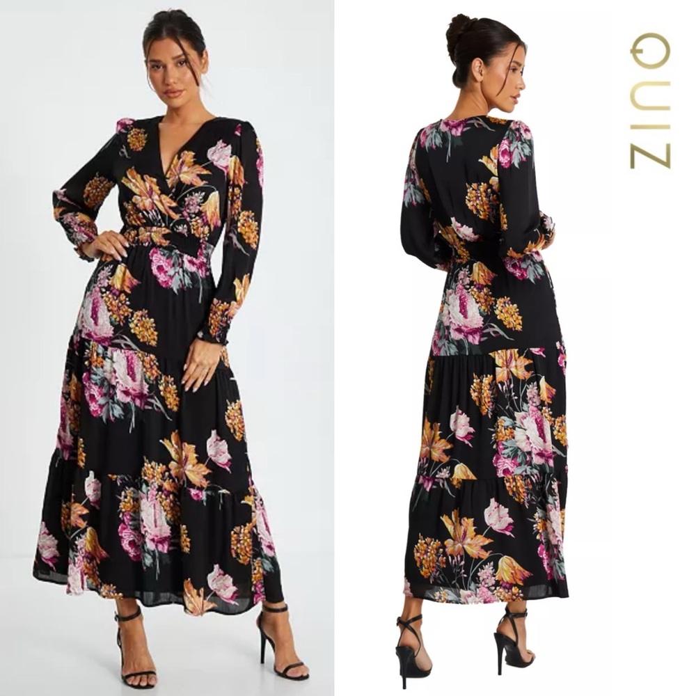 Quiz - Women's Black Floral Chiffon Tiered Hem Maxi Dress - Size 10